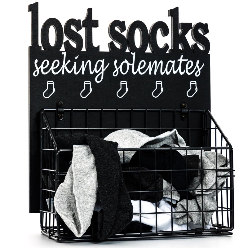 CQNET Lost Socks Basket for Laundry Room, Rustic Farmhouse Cutout Letters Organization, Home Wooden Decor And Accessories, Seeking Solemates Sign - Image 1