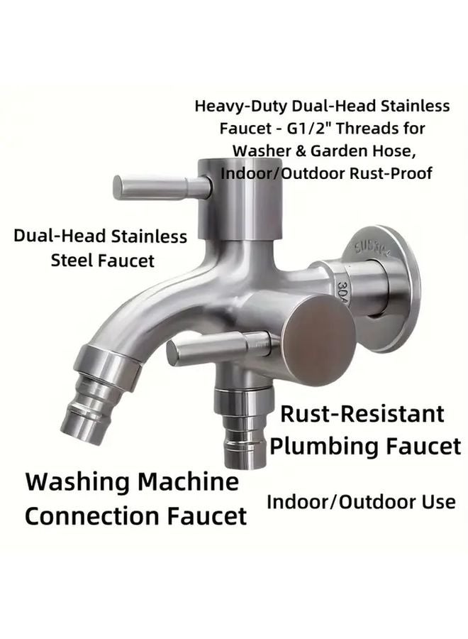 1pc Heavy Duty Stainless Steel Dual Head Faucet Hot Cold Water Control G1 2 Thread - Image 3