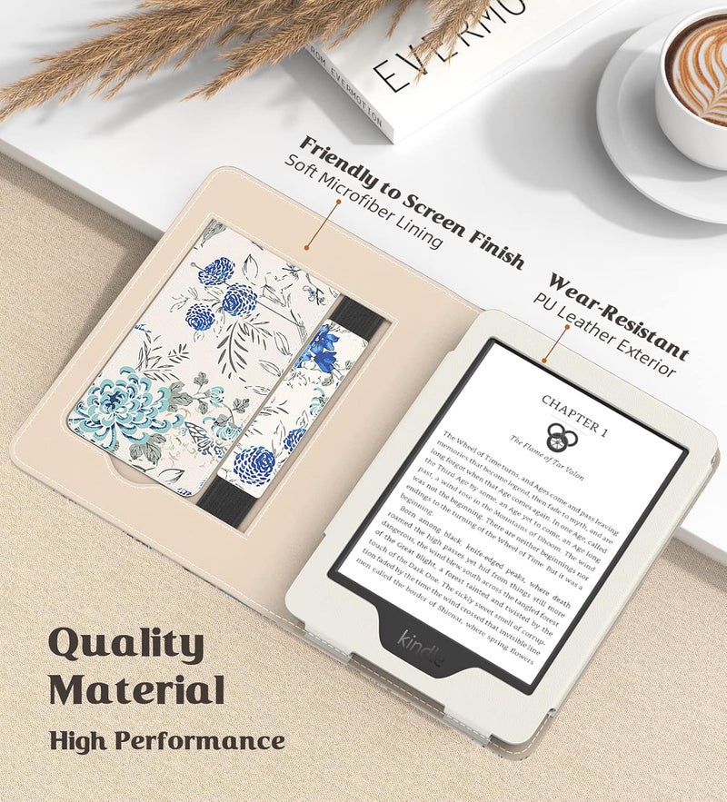 MoKo Case for 7"/6.8" Kindle Paperwhite(12th/11th Gen-2024/2021) and Kindle Colorsoft Signature Edition, Slim PU Shell Cover Case with Auto-Wake/Sleep for Kindle Paperwhite 2024, Blue Flowers on White - Image 4