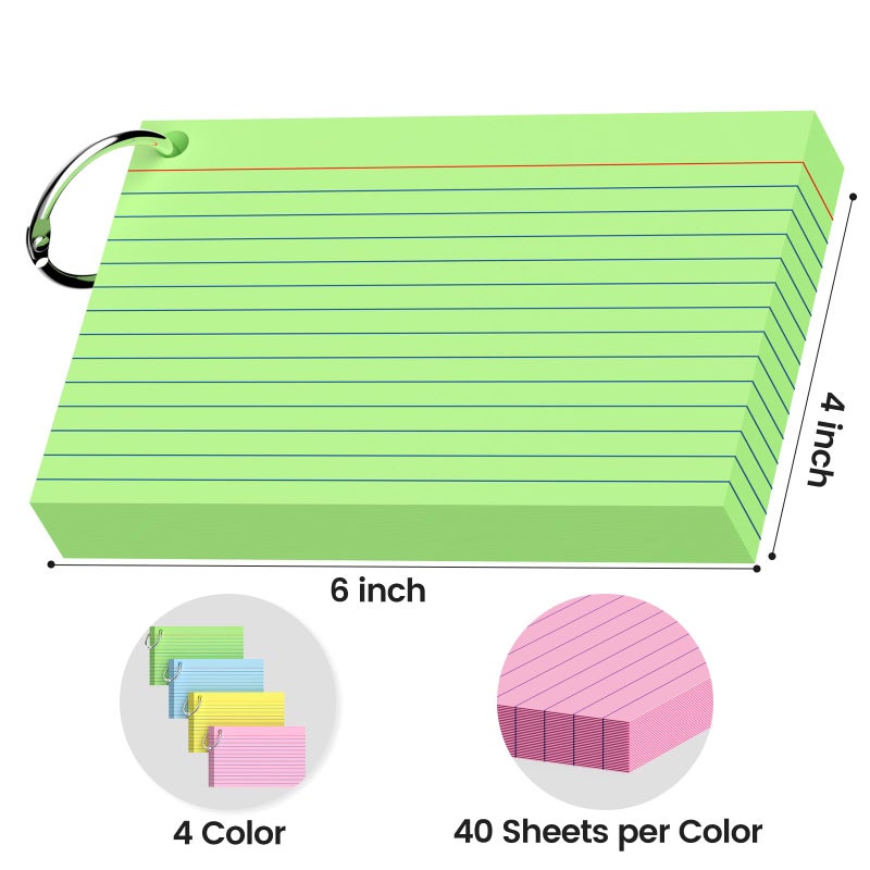 AILZFEI 160-Pack Colored Index Cards 4x6 Inch w/Key Ring â€“ 180gsm Heavyweight Flashcards â€“ 4 Vibrant Colors Flash Cards (Pink Blue Green Yellow) Perfect for Study, Notes & Memory, Students School Supplies - Image 2