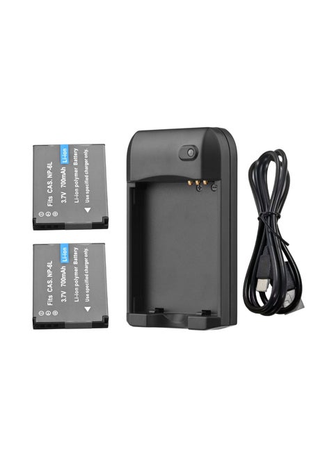 NP-6L Battery Charger with LED Indicator Light + 2pcs NP-6L Batteries 3.7V 700mAh with USB Charging Cable