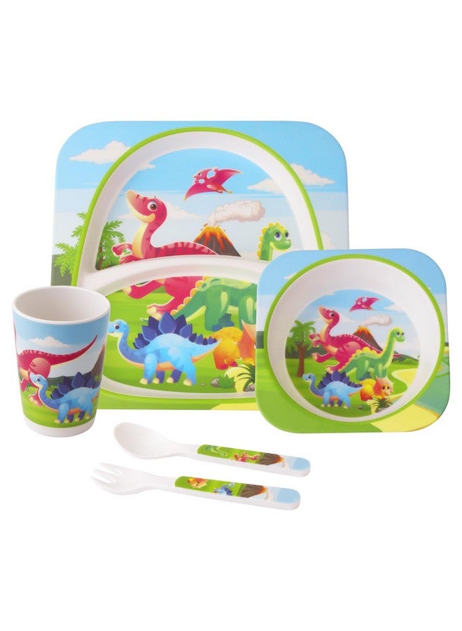 Qshare Melamine Toddler Dinnerware Set,5Pcs Baby Plates And Bowls,Melamine Kids Plates And Bowls Set,Kids Dishes Dinnerware Sets With Plate,Bowl,Cup,Fork And Spoon (Tyrannosaurus) - Image 1