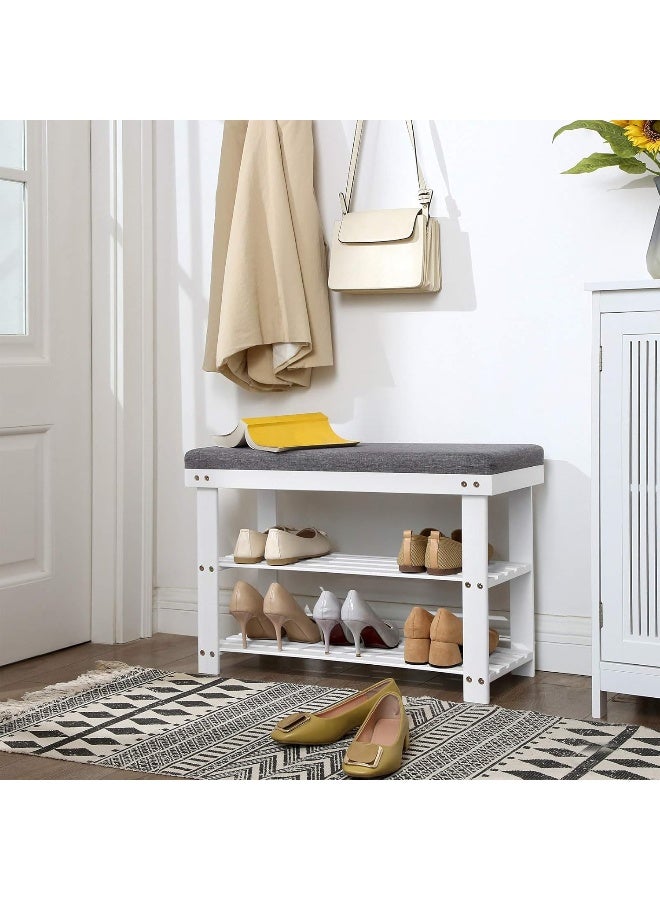 سونمجز مقعد أحذية من الخيزران من SONGMICS، منظم أحذية بثلاث طبقات للمدخل وغرفة المعيشة، مقعد يتحمل حتى 136.1 كجم، 30.2 × 71.9 × 48.8 سم، أبيض سحابي ورمادي أردوازي - Image 1