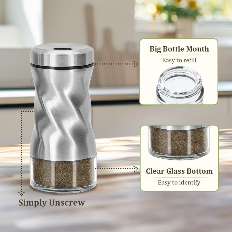 Neodaco Salt and Pepper Shakers Set by , 4 OZ Modern Glass Salt Shaker with Stainless Steel Lids for Kitchen Gadgets Table, RV, Camp, Ideal for Himalayan, Kosher, Black and White Pepper - Image 4