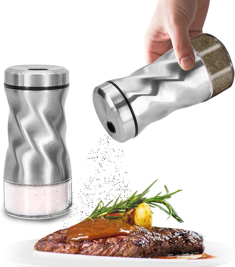 Neodaco Salt and Pepper Shakers Set by , 4 OZ Modern Glass Salt Shaker with Stainless Steel Lids for Kitchen Gadgets Table, RV, Camp, Ideal for Himalayan, Kosher, Black and White Pepper - Image 1