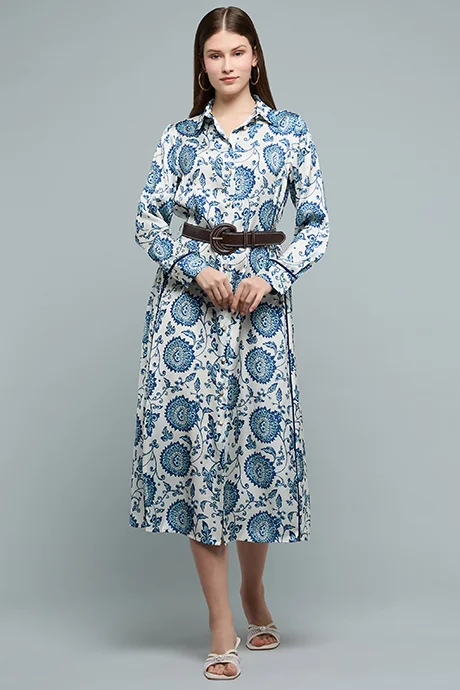 أر أند بي Printed Satin Shirt Dress with Classic Collar and Long Sleeves