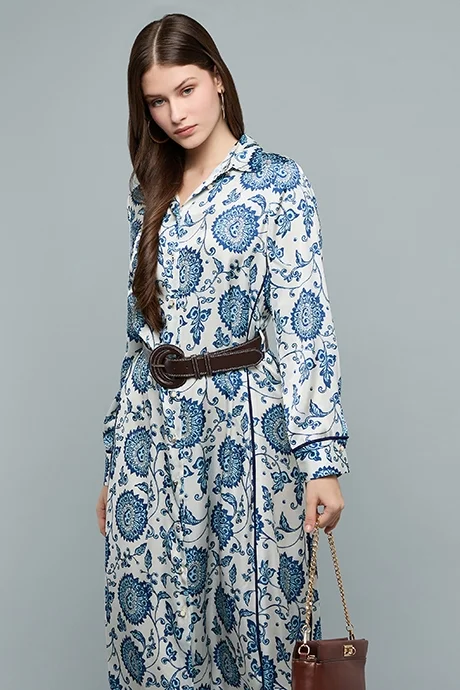 أر أند بي Printed Satin Shirt Dress with Classic Collar and Long Sleeves