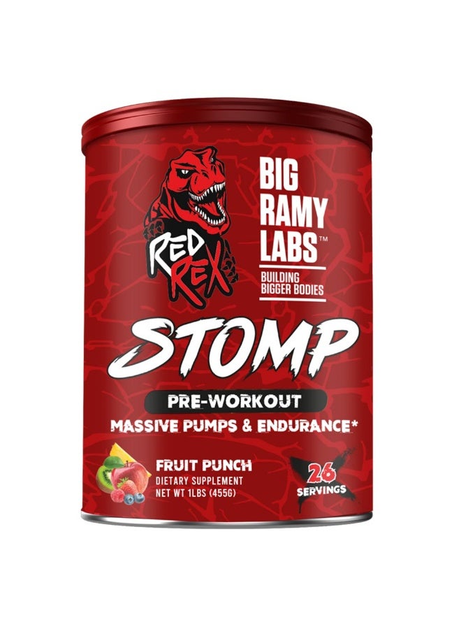 Labs Red Rex Stomp Pre-Workout Powder, Fruit Punch Flavor, 455 g, Amino Acids, Caffeine & Citrulline Formula