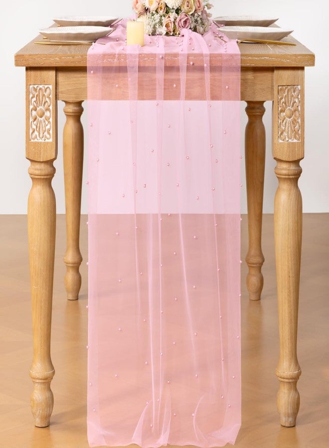 DeZerlor Valentine’s Day Pink Pearl Table Runner Boho Romantic Cheesecloth Table Runner 10ft Rustic Tulle for Wedding Bridal Baby Shower Parties Decorations - Image 4