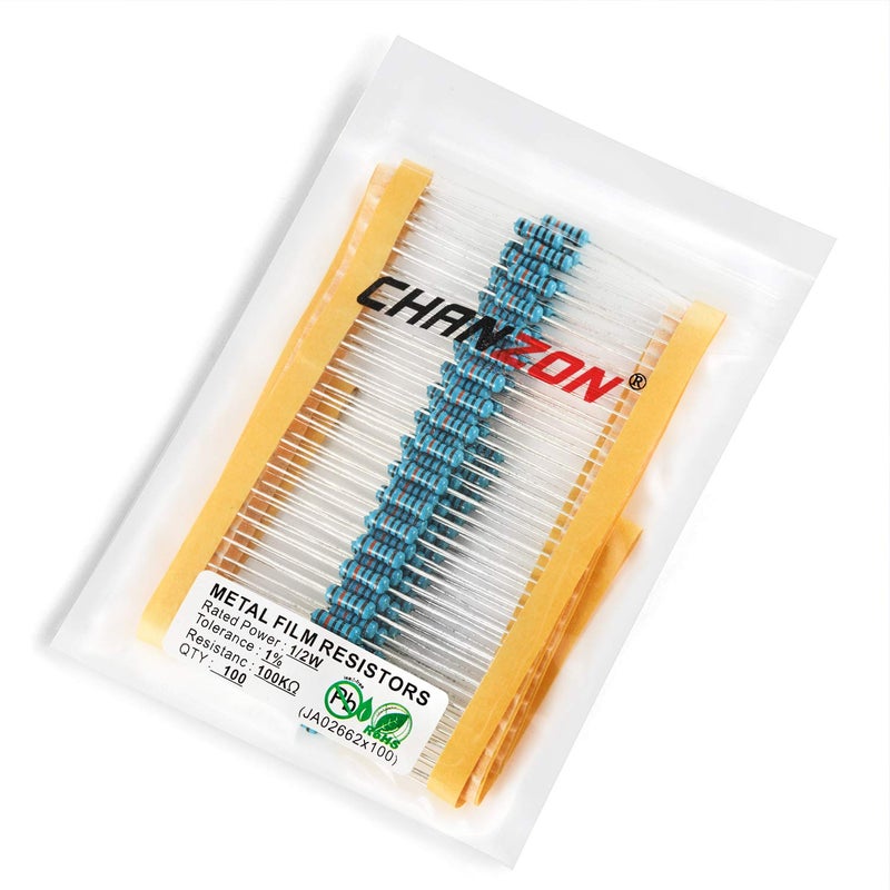 CHANZON 100pcs 1/2W (0.5W) 100K Ω ohm Metal Film Fixed Resistor 0.01 ±1% Tolerance 100KR MF Through Hole Resistors Current Limiting Rohs Certificated - Image 3