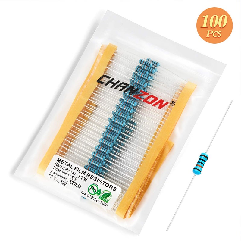 CHANZON 100pcs 1/2W (0.5W) 100K Ω ohm Metal Film Fixed Resistor 0.01 ±1% Tolerance 100KR MF Through Hole Resistors Current Limiting Rohs Certificated - Image 5