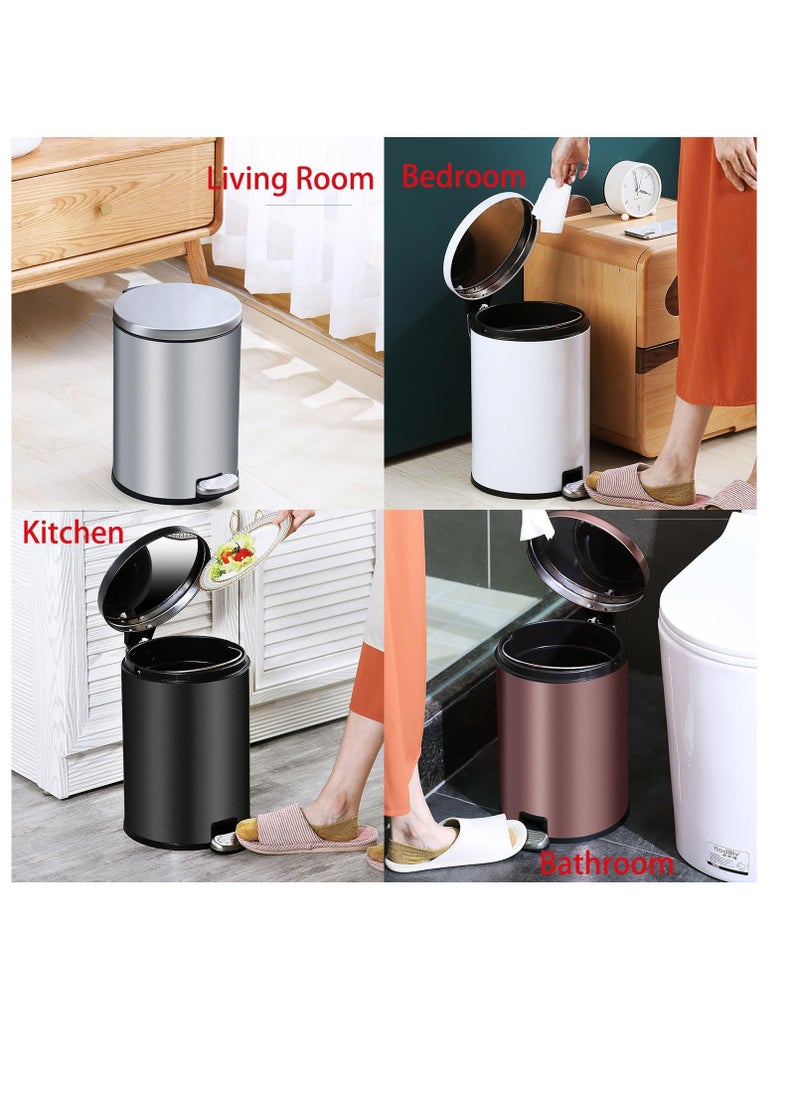 Stainless Steel Double Layer Dustbin with Pedal and Lid For Bathroom Kitchen,Silent Lidded Trash Bin,Fingerprint-Proof Modern Garbage Can,Round Bucket with Handle for Home Office (Grey, 12L)