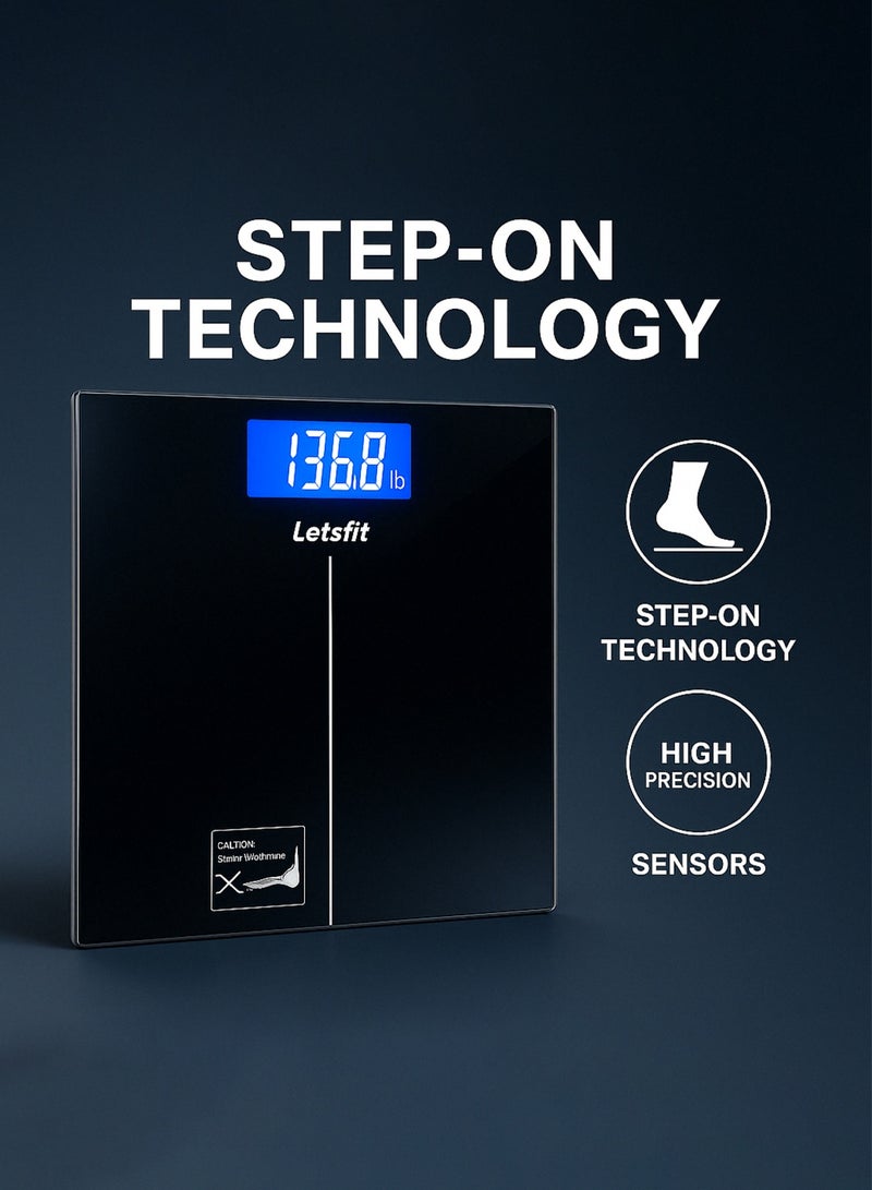Letsfit Digital Bathroom Scale 400lb/180kg – Body Weight Scale with Weight Trend Tracking, 6mm Tempered Glass, Auto-On Backlit LCD, High Precision Sensors (Model EB5636H, Black) - Image 5