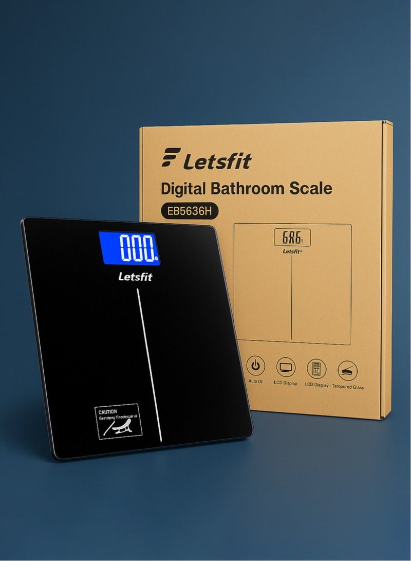 Letsfit Digital Bathroom Scale 400lb/180kg – Body Weight Scale with Weight Trend Tracking, 6mm Tempered Glass, Auto-On Backlit LCD, High Precision Sensors (Model EB5636H, Black) - Image 3