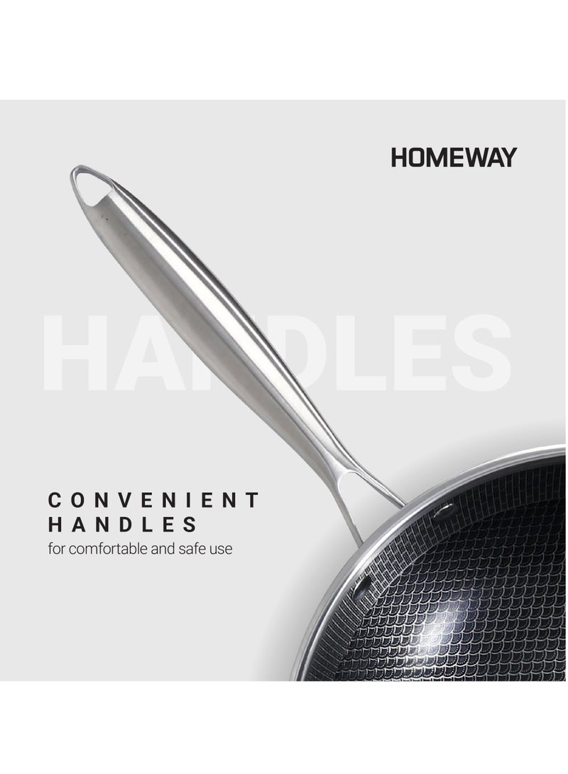Homeway 26CM Stainless Steel Honeycomb Wokpan With Lid – Nonstick, Induction & Gas Compatible With Super Durable&Highly Scratch Resistent - Image 3