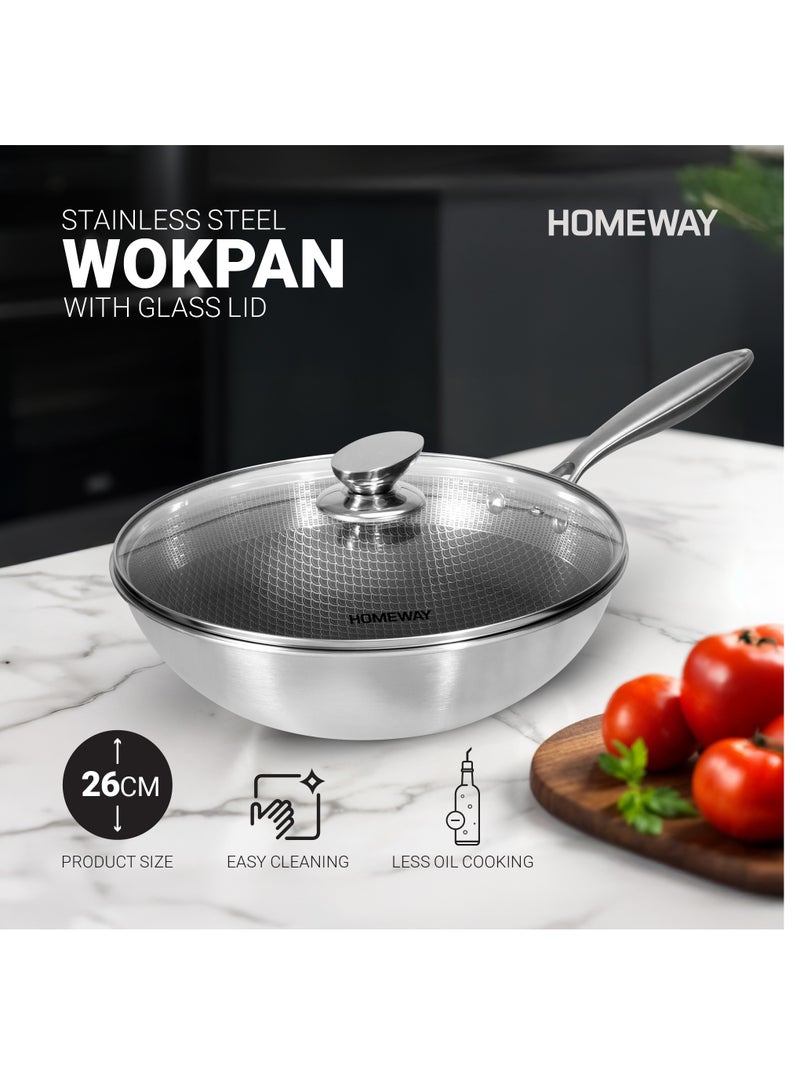 Homeway 26CM Stainless Steel Honeycomb Wokpan With Lid – Nonstick, Induction & Gas Compatible With Super Durable&Highly Scratch Resistent - Image 1