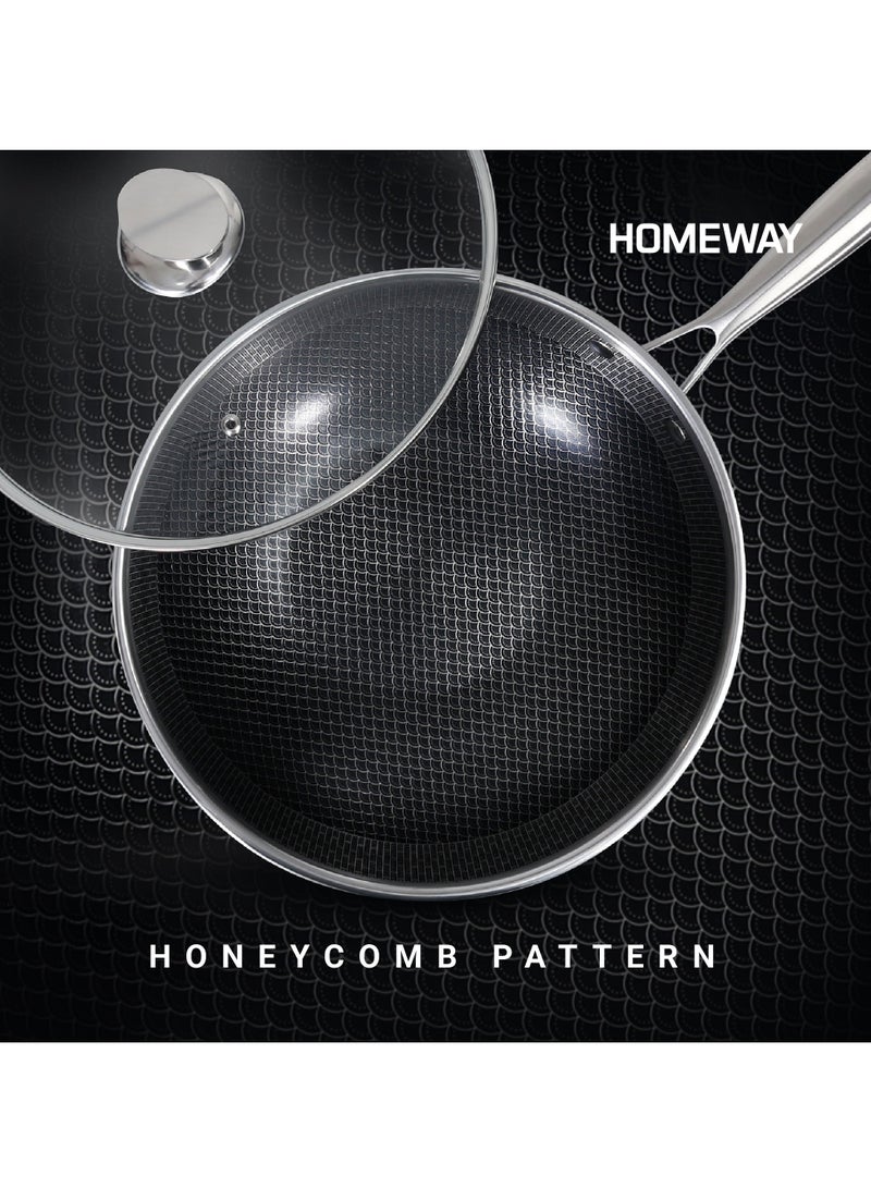 Homeway 26CM Stainless Steel Honeycomb Wokpan With Lid – Nonstick, Induction & Gas Compatible With Super Durable&Highly Scratch Resistent - Image 2