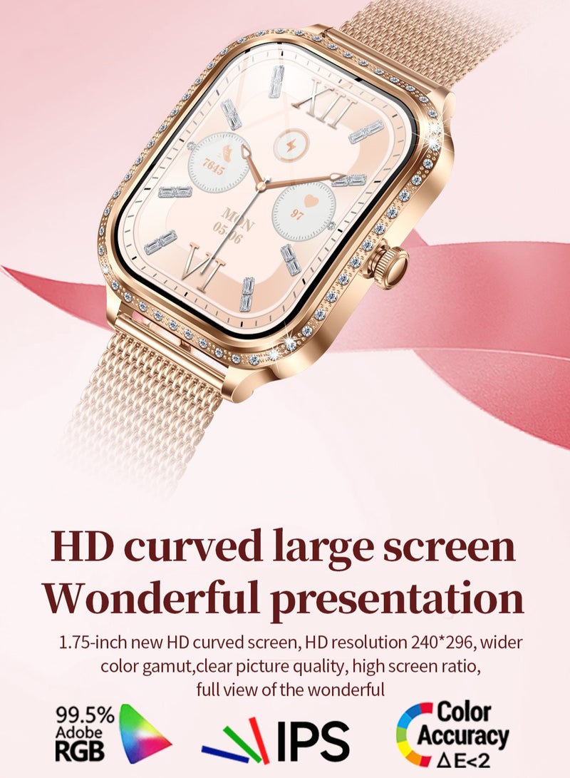 RollsTimi  Women's Smart Watch, Fashion Smartwatch, 1.75-inch High-Definition Curved Screen, Diamond Dial, Bluetooth Call (Answer/Make), AI Voice Assistant, Female Health Detection, Ladies Luxury Business Watch, MK88 Mesh Gold - Image 3
