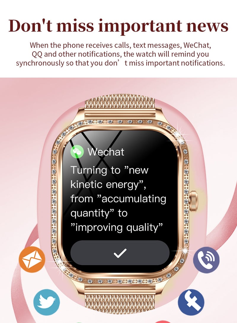 RollsTimi  Women's Smart Watch, Fashion Smartwatch, 1.75-inch High-Definition Curved Screen, Diamond Dial, Bluetooth Call (Answer/Make), AI Voice Assistant, Female Health Detection, Ladies Luxury Business Watch, MK88 Mesh Gold - Image 5