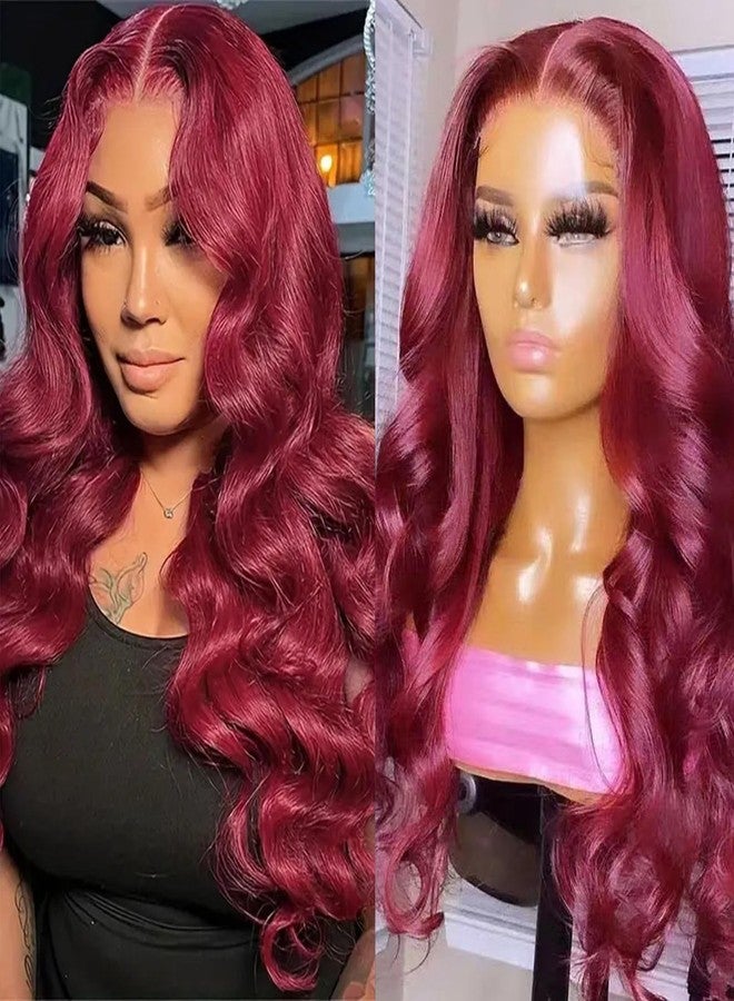 بيسماهير شعر مستعار أمامي من الدانتيل بلون بورغندي من BASEMMAHER، شعر بشري طبيعي، شعر مستعار أمامي من الدانتيل مجعد بدون غراء، شعر مستعار برازيلي رطب ومموج طبيعي صناعي للنساء (26 بوصة) - Image 1