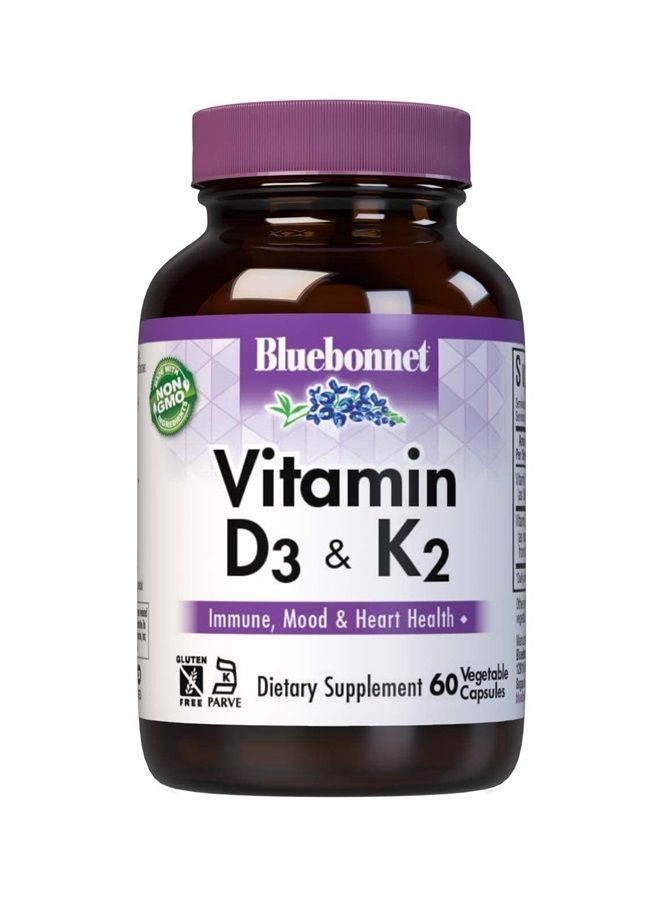 Bluebonnet فيتامين د3 وك2، خالي من الصويا، لعظام قوية وصحية*، خالي من الجلوتين، غير معدّل وراثيًا، خالي من منتجات الألبان، معتمد كوشير، نباتي، 60 كبسولة نباتية، 60 وجبة - Image 1