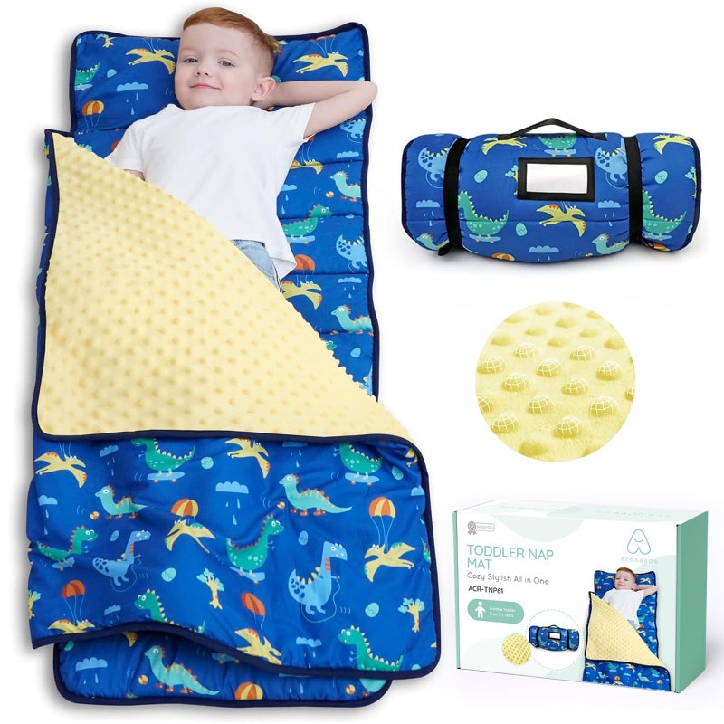 ACRABROS Toddler Nap Mat with Pillow and Blanket, Extra Large Rolled Napping Mats,Slumber Bags for Boys Girls,Kids Sleeping Bag for Daycare, Preschool Travel Camping, Dinosaur - Image 1