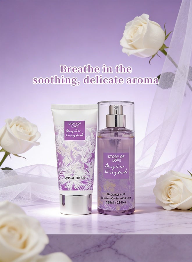 STORY OF LOVE Women's Body Mist & Lotion Gift Set, 88ml Fragrance Mist + 90ml Perfumed Body Lotion, Fresh Scent Duo, Moisturizing Travel-Size Perfume Set for Her, Magic Frosted - Image 2