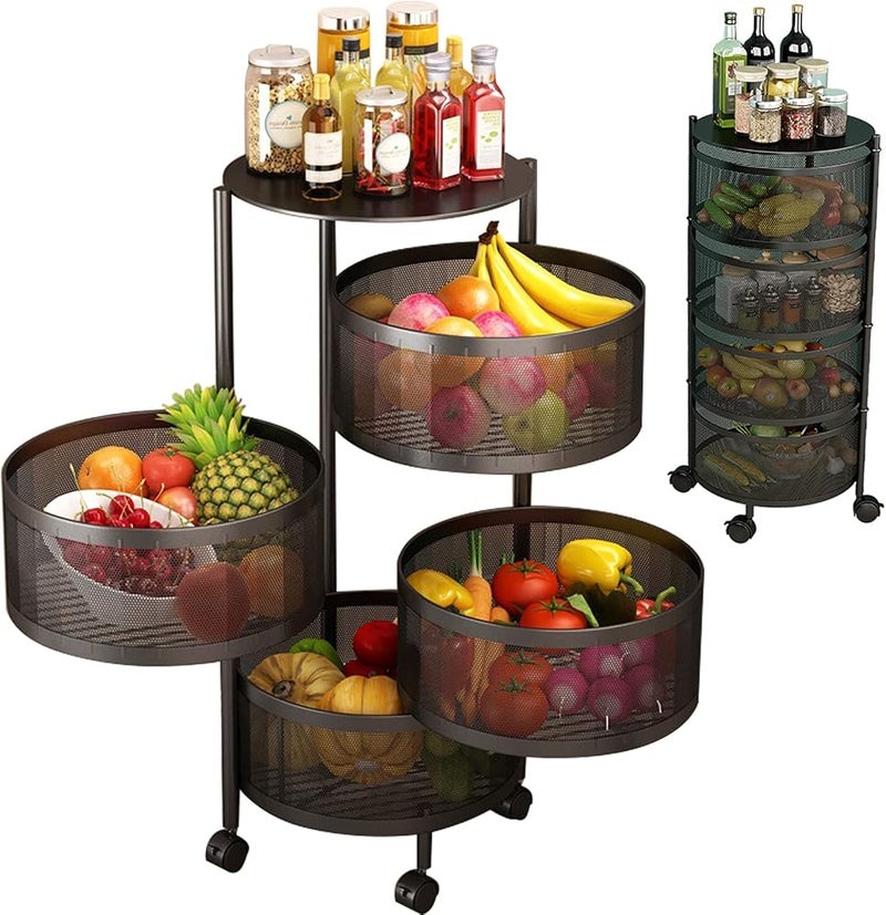 SHOWAY Round Rotating Multi-Layer Kitchen Storage Shelf, 4 Tier Fruit Vegetable Storage Basket, Kitchen Storage Rack Floor Standing, Movable Household Storage Rack for Kitchen Living Room Toilet - Image 1