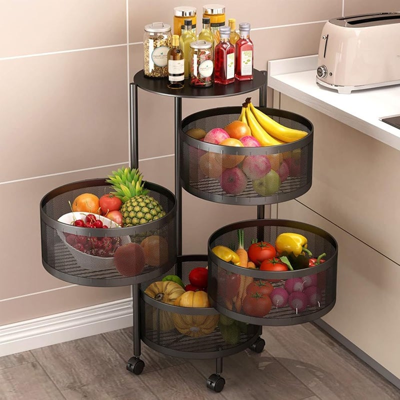 SHOWAY Round Rotating Multi-Layer Kitchen Storage Shelf, 4 Tier Fruit Vegetable Storage Basket, Kitchen Storage Rack Floor Standing, Movable Household Storage Rack for Kitchen Living Room Toilet - Image 4