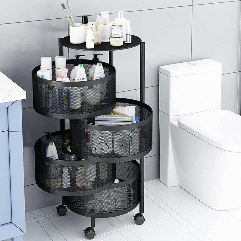 SHOWAY Round Rotating Multi-Layer Kitchen Storage Shelf, 4 Tier Fruit Vegetable Storage Basket, Kitchen Storage Rack Floor Standing, Movable Household Storage Rack for Kitchen Living Room Toilet - Image 2