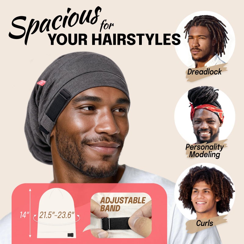 Fittia Large Satin Bonnet for Men Sleeping: Loc Cap Dreadlocks for Curly Braids Wave, Silky for Frizzy Hair Smooth, Adjustable No Slip Grey - Image 2