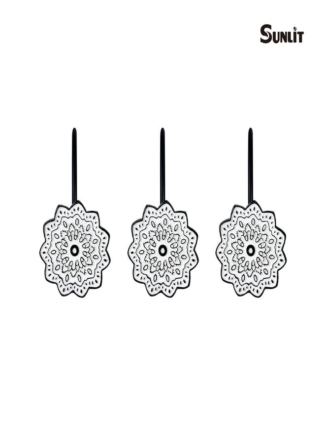 Sunlit Boho Decorative Shower Curtain Hooks, Medallion Black and White Shower Curtain Rings, Resin, Bathroom Decoration Boho Mandala Flower Shower Curtain Hooks-12 Pack - Image 3