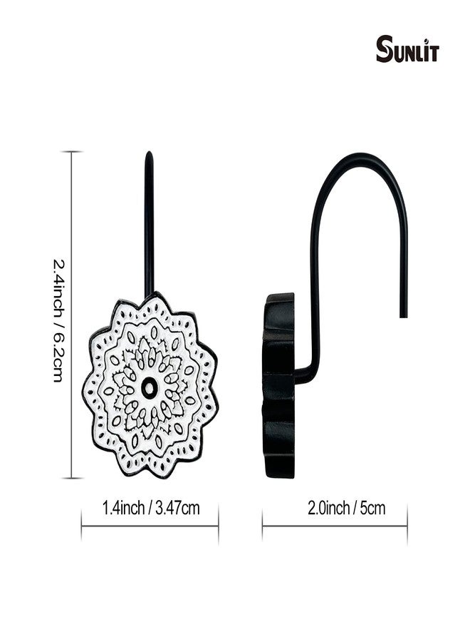 Sunlit Boho Decorative Shower Curtain Hooks, Medallion Black and White Shower Curtain Rings, Resin, Bathroom Decoration Boho Mandala Flower Shower Curtain Hooks-12 Pack - Image 2