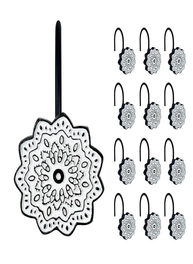 Sunlit Boho Decorative Shower Curtain Hooks, Medallion Black and White Shower Curtain Rings, Resin, Bathroom Decoration Boho Mandala Flower Shower Curtain Hooks-12 Pack - Image 1