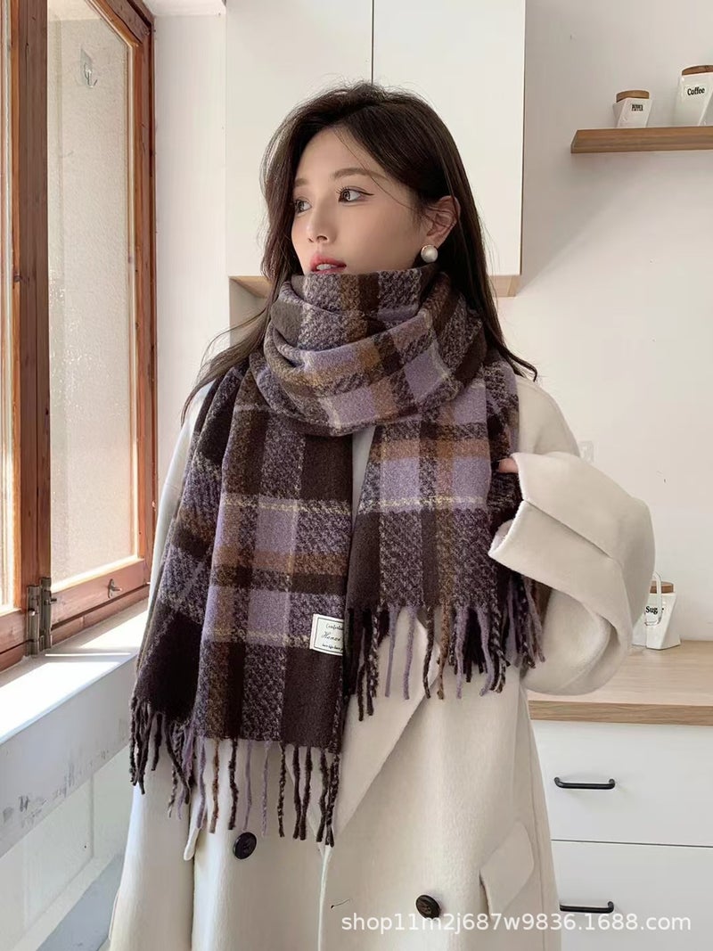 New Retro Plaid Scarf Girls Winter All-match Thickened Warm Long Shawl Dual-use All-match Couple Scarf Off-white - Image 2
