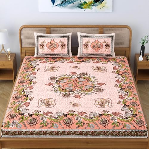 SheetKart Pure Cotton Jaipuri Floral Traditional Rajasthani Printed King Size Double Bedsheet with 2 Pillow Covers - Peach Pink - Image 2