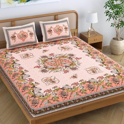 SheetKart Pure Cotton Jaipuri Floral Traditional Rajasthani Printed King Size Double Bedsheet with 2 Pillow Covers - Peach Pink - Image 1