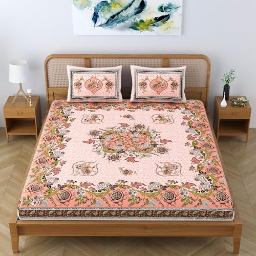 SheetKart Pure Cotton Jaipuri Floral Traditional Rajasthani Printed King Size Double Bedsheet with 2 Pillow Covers - Peach Pink - Image 5