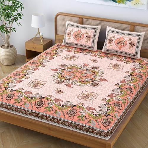 SheetKart Pure Cotton Jaipuri Floral Traditional Rajasthani Printed King Size Double Bedsheet with 2 Pillow Covers - Peach Pink - Image 3