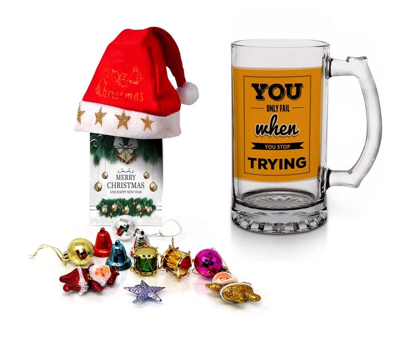 Kesri Gifts Kesri Gifts Christmas Gift Set Printed Beer Mug 12 Christmas Ornaments with Santa Cap Xmas Greeting Card for Xmas Gift ComboxmBrm21300