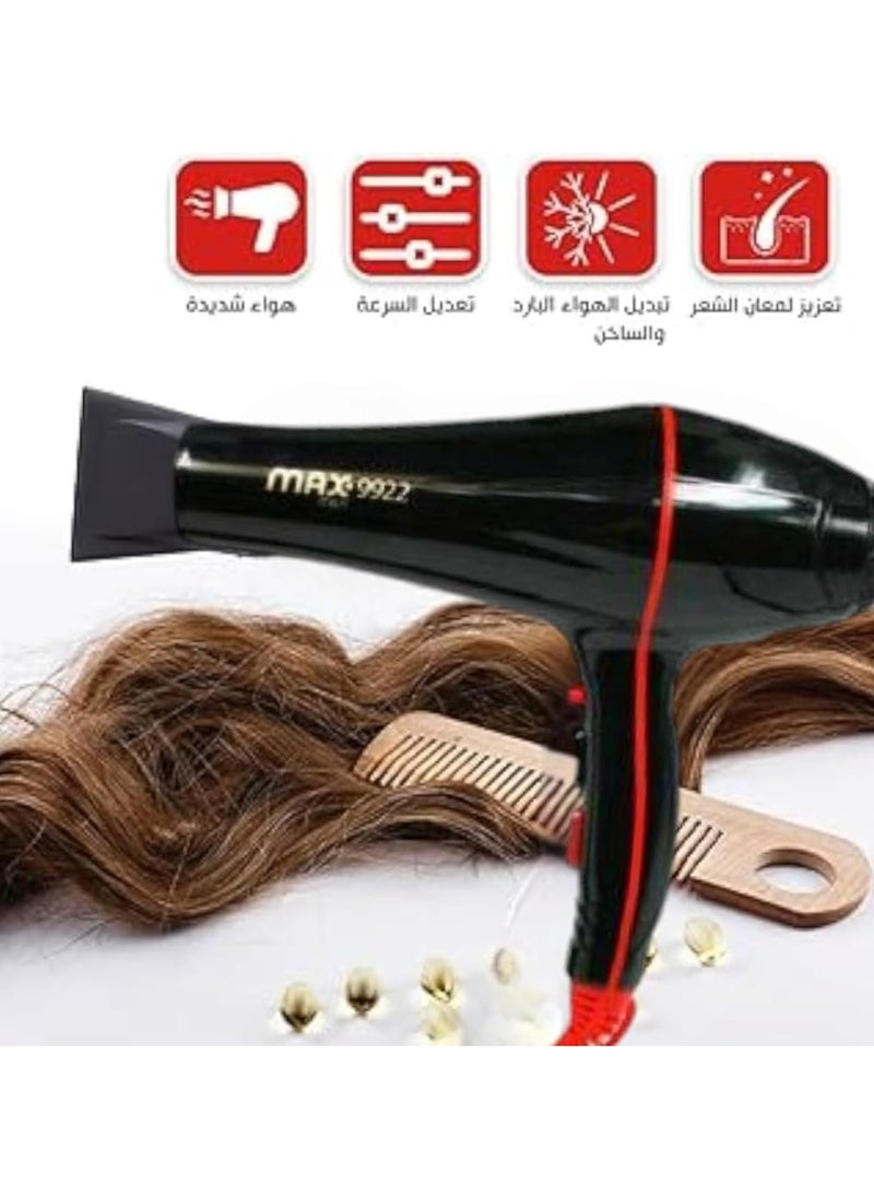 Max Max 9922 Professional Hair Dryer, 3000W, Overheat Protection, 3 Heat Levels, 3000.0 W, Black  - Image 4