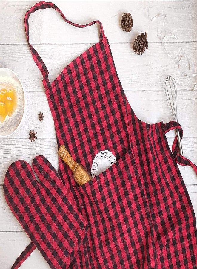 PIXEL HOME DECOR Pixel Home Cotton Apron 100% Cotton Check Kitchen Apron with Front Center Pocket (Apron With Oven Mitt) (Red Checked) - Image 1