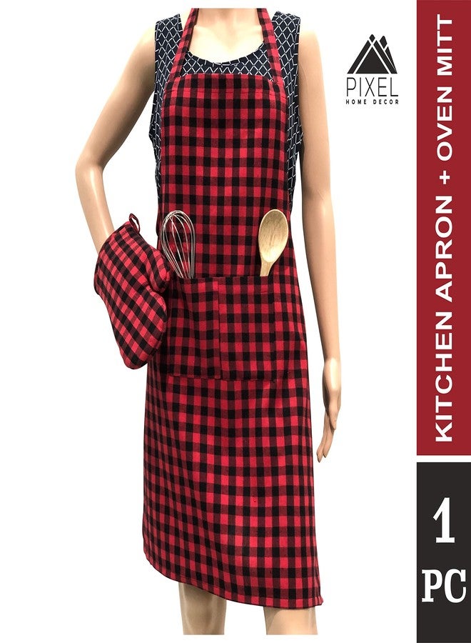 PIXEL HOME DECOR Pixel Home Cotton Apron 100% Cotton Check Kitchen Apron with Front Center Pocket (Apron With Oven Mitt) (Red Checked) - Image 5