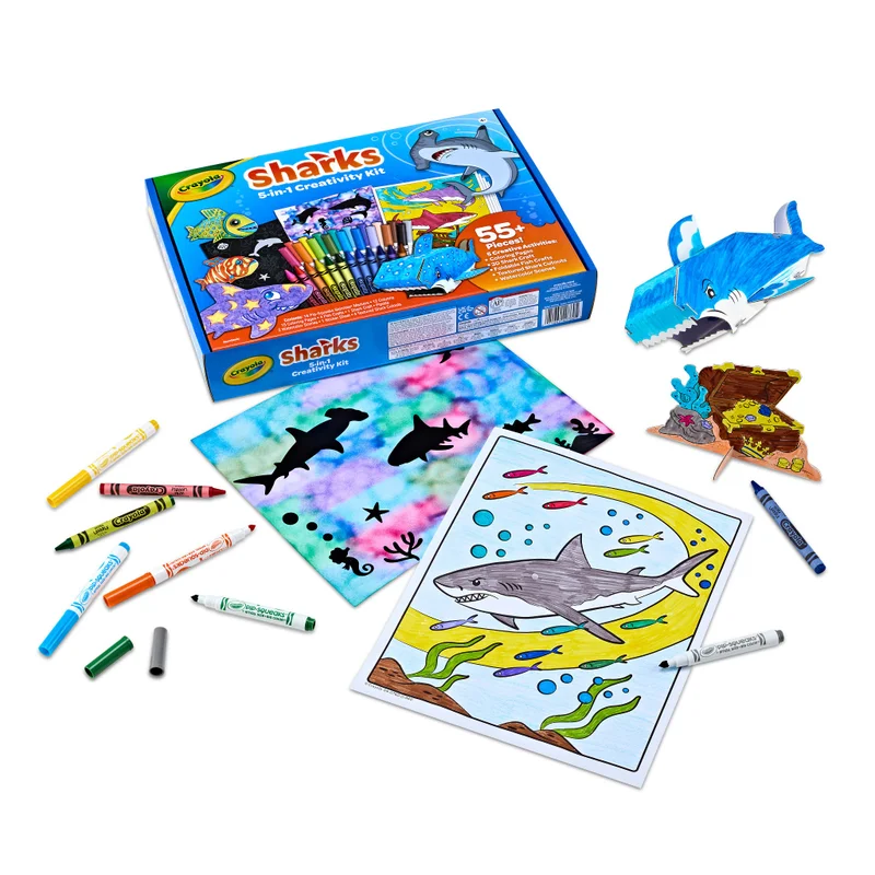Crayola Crayola Sharks 5-in-1 Creativity Kit – Ocean-Themed Art Set with Crayons, Markers, Buildable Sharks & More, Gift for Kids Ages 5+
