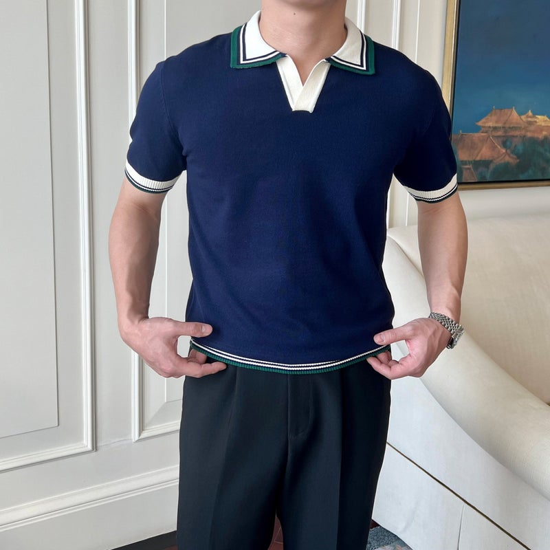 Men's Short Sleeve Knit Polo Shirt V-Neck Business Slim Fit T-Shirt - Image 3
