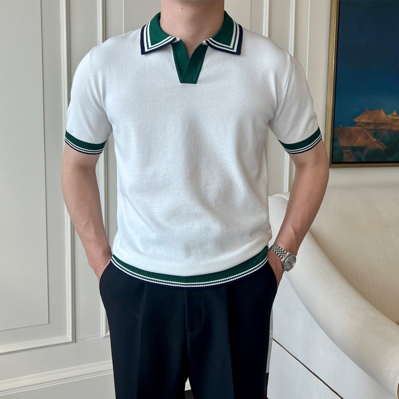 Men's Short Sleeve Knit Polo Shirt V-Neck Business Slim Fit T-Shirt - Image 2