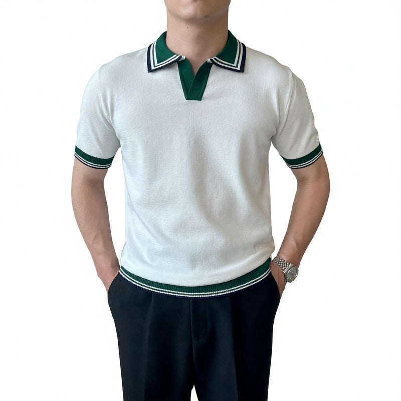 Men's Short Sleeve Knit Polo Shirt V-Neck Business Slim Fit T-Shirt - Image 1
