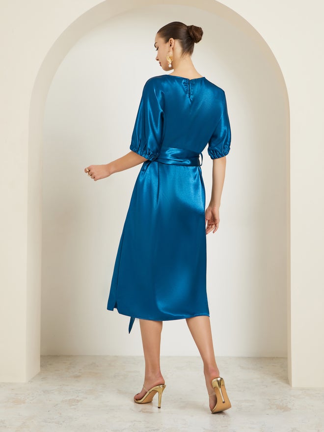 Styli Blue Satin Sheath Midi Dress with Belt - Image 5