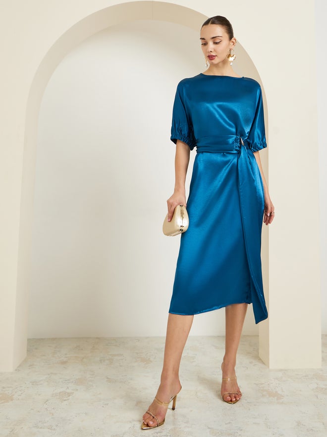 Styli Blue Satin Sheath Midi Dress with Belt - Image 3