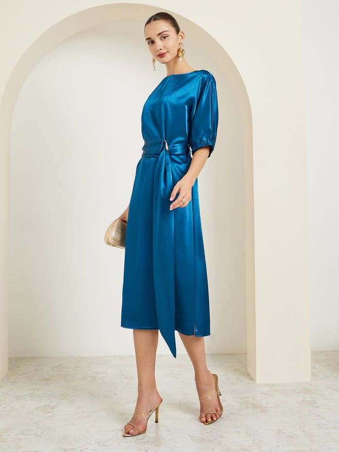 Styli Blue Satin Sheath Midi Dress with Belt - Image 1
